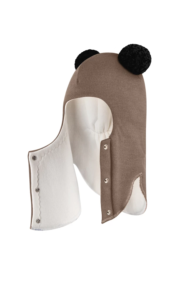Зимова шапочка-шолом Corona.hm "Пандочка з чорними помпонами" на кнопочках молочний шоколад