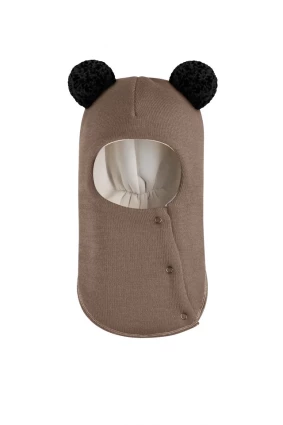 Зимова шапочка-шолом Corona.hm "Пандочка з чорними помпонами" на кнопочках молочний шоколад