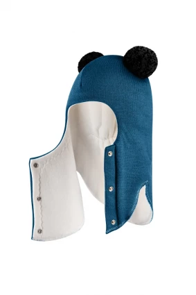 Зимова шапочка-шолом Corona.hm "Пандочка з чорними помпонами" на кнопочках морська хвиля