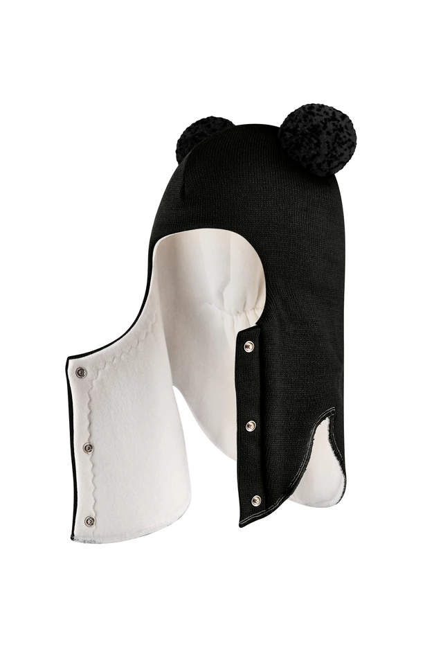 Зимова шапочка-шолом Corona.hm "Пандочка з чорними помпонами" на кнопочках чорний