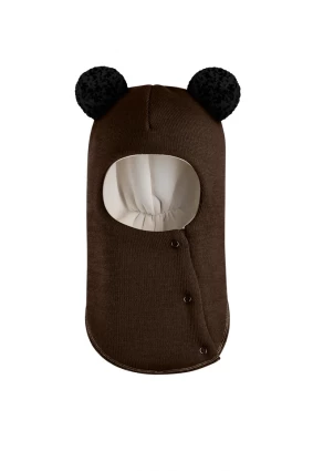 Зимова шапочка-шолом Corona.hm "Пандочка з чорними помпонами" на кнопочках шоколад