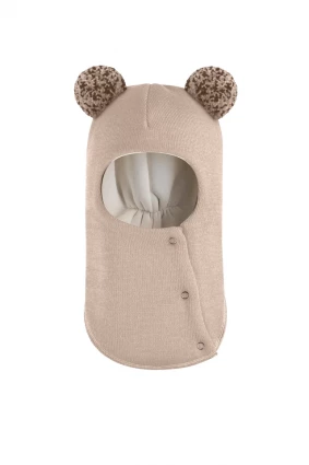 Зимова шапочка-шолом Corona.hm "Пандочка з помпонами МЕЛАНЖ" на кнопочках беж золотий