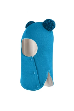 Зимова шапочка-шолом Corona.hm "Пандочка з помпонами МЕЛАНЖ" на кнопочках бірюза