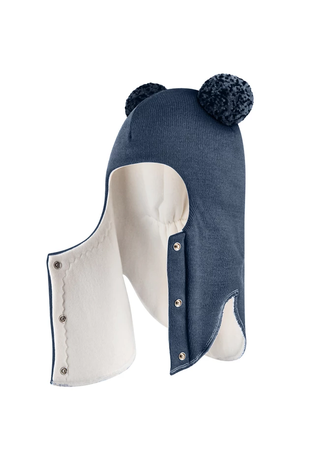 Зимова шапочка-шолом Corona.hm "Пандочка з помпонами МЕЛАНЖ" на кнопочках джинс