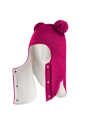 Зимова шапочка-шолом Corona.hm "Пандочка з помпонами МЕЛАНЖ" на кнопочках малина
