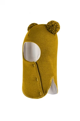 Зимова шапочка-шолом Corona.hm "Пандочка з помпонами МЕЛАНЖ" на кнопочках медовий