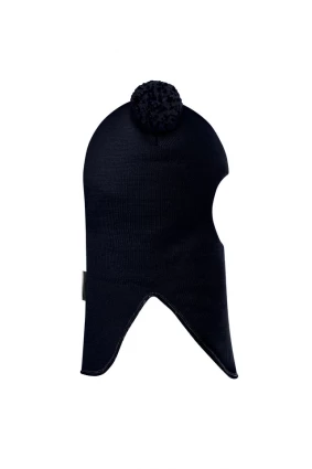 Зимова шапочка-шолом Corona.hm "Пандочка з помпонами МЕЛАНЖ" на кнопочках синій оксамит